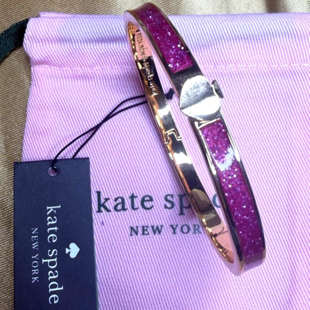 Kate Spade Fuchsia Pink Gold Glitter Hinge Bangle Bracelet DF1473 New Signed Bag